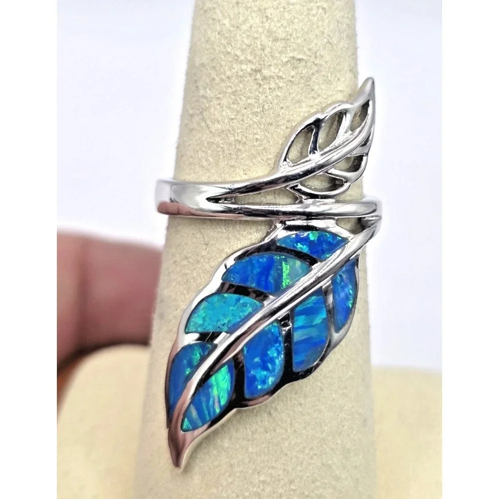 Gorgeous Blue Lab Opal Ring Size 6.75 Leaf Fern‎ Wrap Sterling Silver 925 NWOT